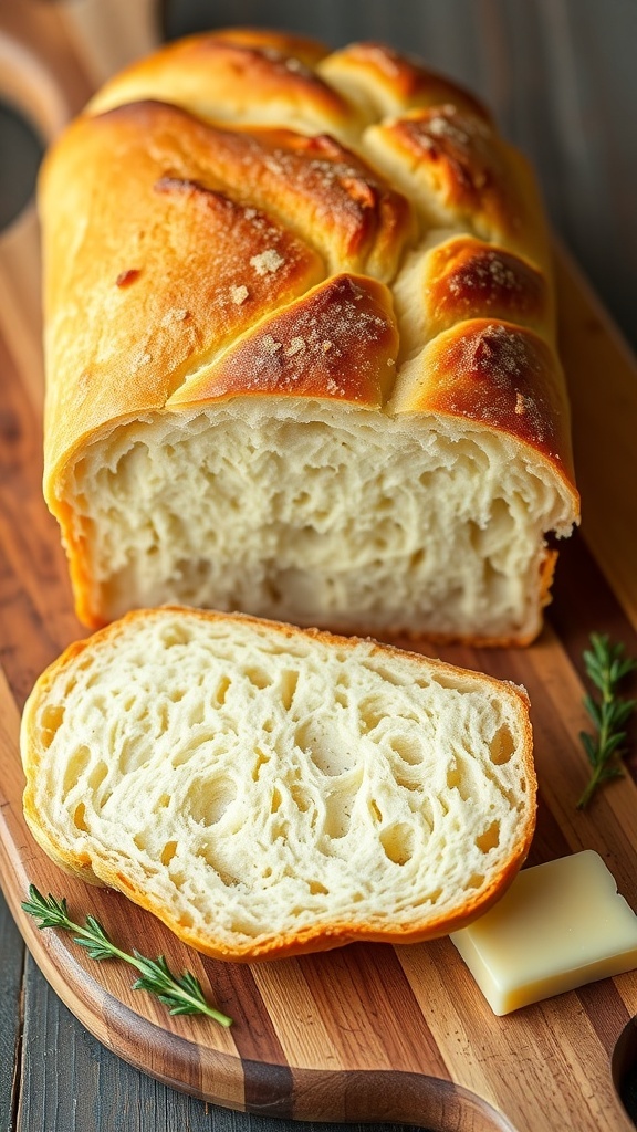 A golden loaf of yogurt bread sliced on a wooden board, with butter and herbs beside it.